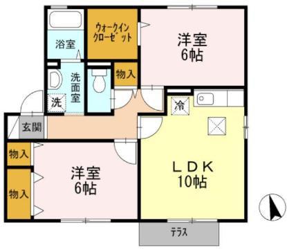 ハピネス山田 B(2LDK/1階)の間取り写真