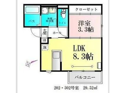 BAU宮城野原(1LDK/3階)の間取り写真