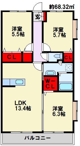 CLAIRひびきの二番館(3LDK/3階)の間取り写真