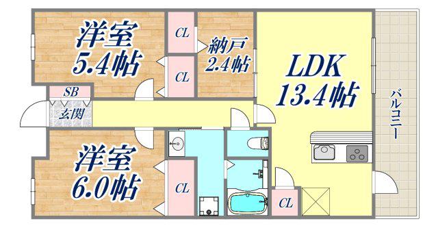 ヌーヴェルワイズ灘駅前(2SLDK/13階)の間取り写真