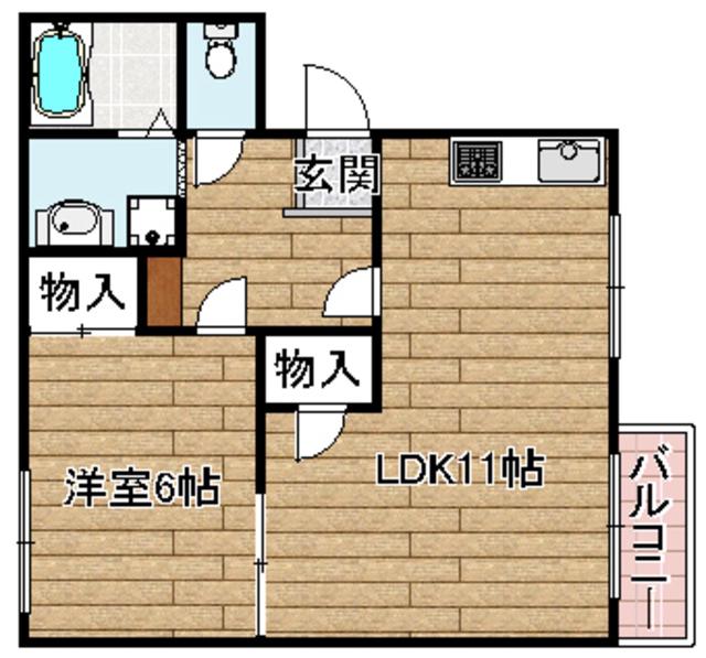 ドミールコウB棟(1LDK/2階)の間取り写真