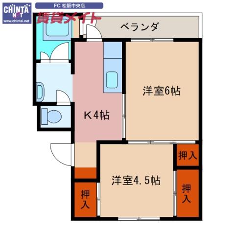ビレッジハウス南郊2号棟(2K/4階)の間取り写真
