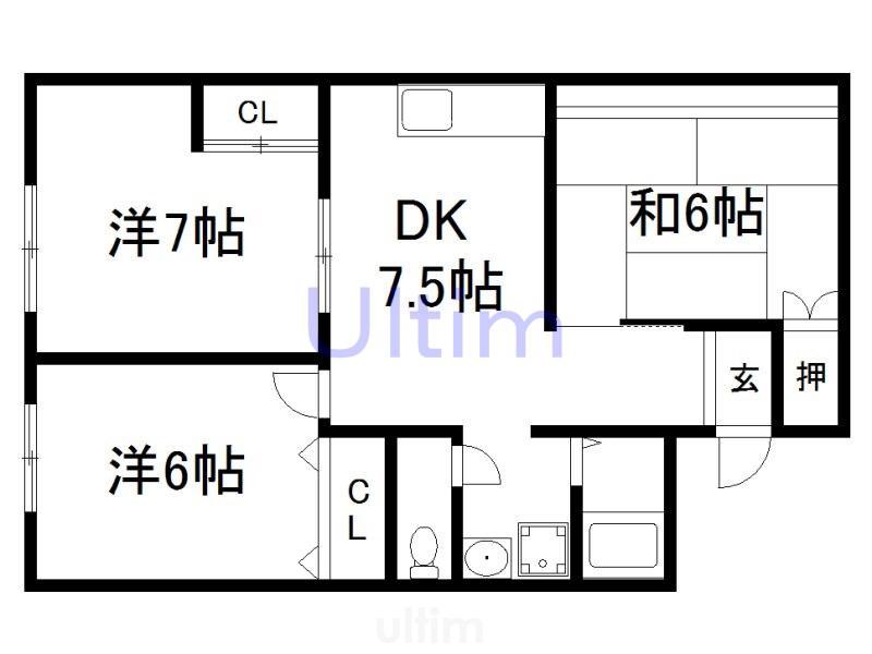 パルアベニュー醍醐(3DK/1階)の間取り写真