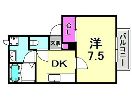 中山手ガーデンハウスC棟(1K/2階)の間取り写真