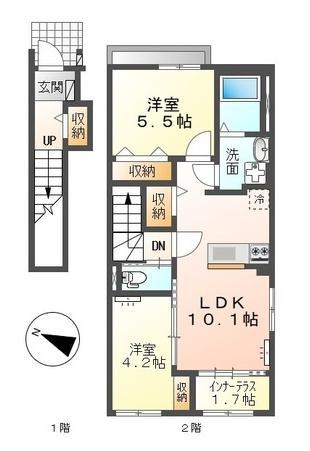 プレミエール岡ノ堂(2LDK/2階)の間取り写真