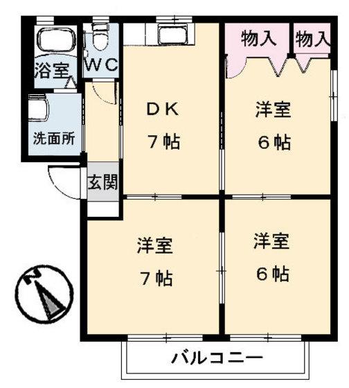 グリーンベル海岸通 B棟(3DK/2階)の間取り写真