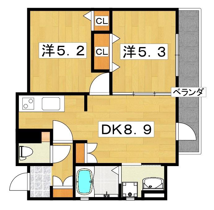 クリエオーレ磯島元町(2DK/3階)の間取り写真