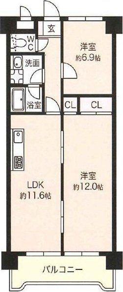 旭コーポラス宮城野(2LDK/7階)の間取り写真