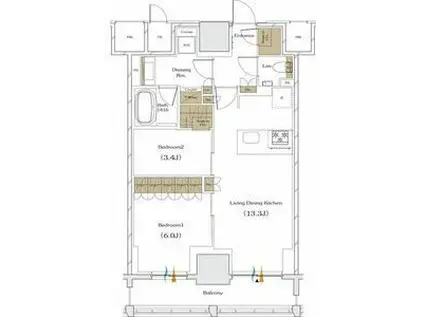 ザ・パークハビオ谷町六丁目クロス(2LDK/14階)の間取り写真