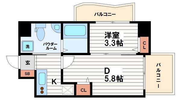 セレニテ上町台(1DK/2階)の間取り写真