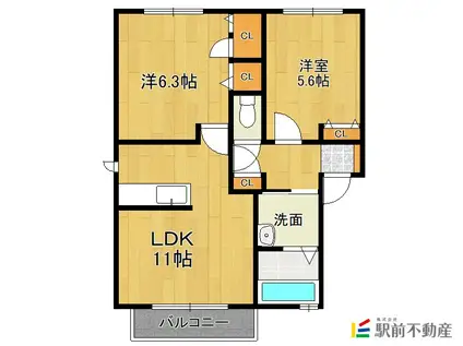 バサラハイツ II B棟(2LDK/1階)の間取り写真
