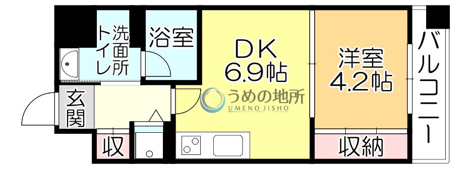 ルネッサンス21久留米六ツ門(1DK/4階)の間取り写真