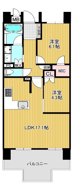 グランドパレス夕陽丘(2LDK/10階)の間取り写真