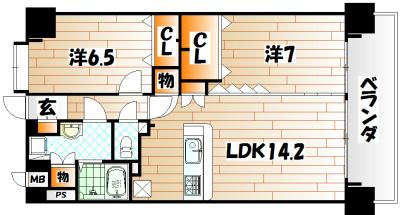 ニューリバー三萩野(2LDK/7階)の間取り写真