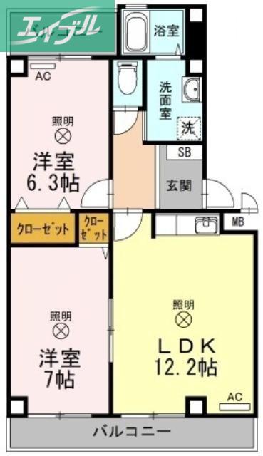 TWIN CASA II棟(2LDK/3階)の間取り写真