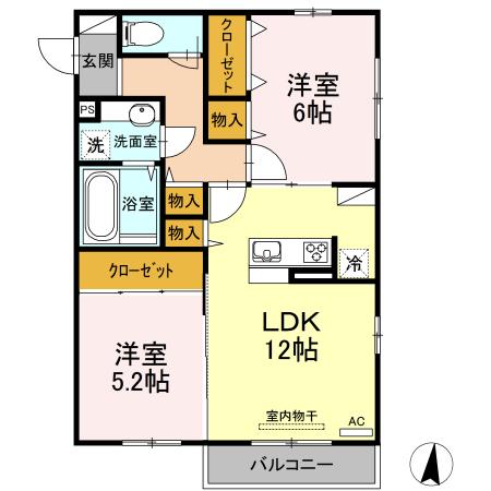 アトリオみなみだいらV(2LDK/2階)の間取り写真