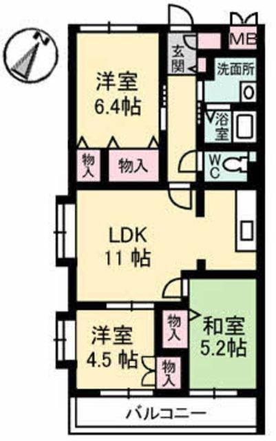グランリューくるめ木(3LDK/2階)の間取り写真