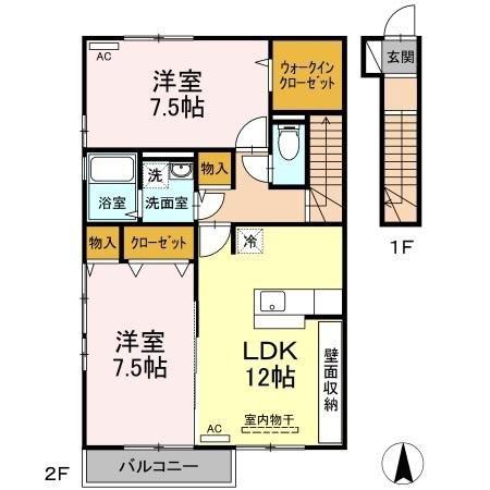 グランドソレーユTOYOTA B棟(2LDK/2階)の間取り写真