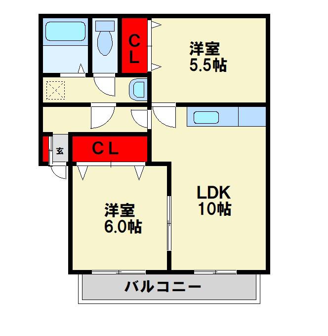 ウィルモア綺麗A(2LDK/2階)の間取り写真