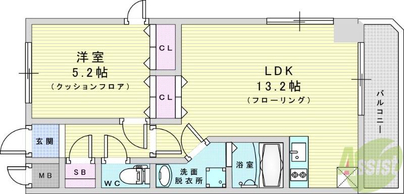 メゾンカジサン(1LDK/5階)の間取り写真