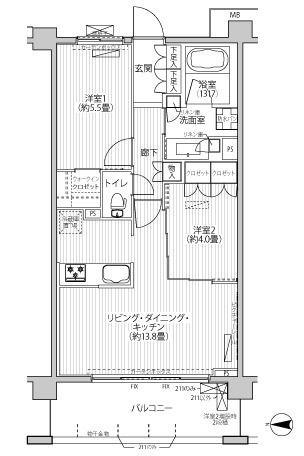 グランフェリシア経堂赤堤(2LDK/2階)の間取り写真
