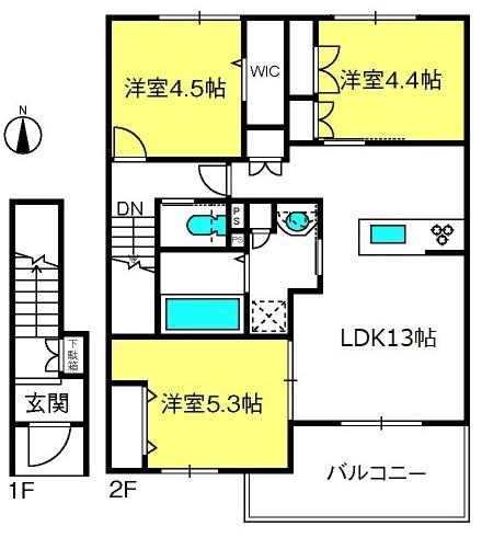 VENT VERT 壱号館(3LDK/2階)の間取り写真