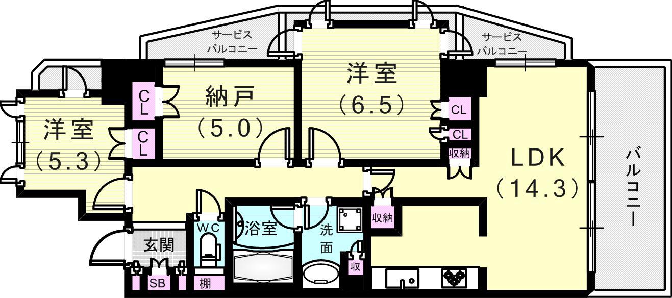 アーバネックス三宮磯辺通(2SLDK/14階)の間取り写真