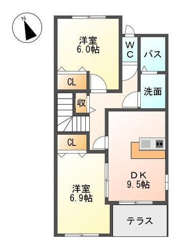 ピアクール(2DK/2階)の間取り写真