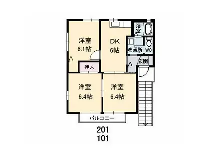 シャルマン C棟(3DK/1階)の間取り写真