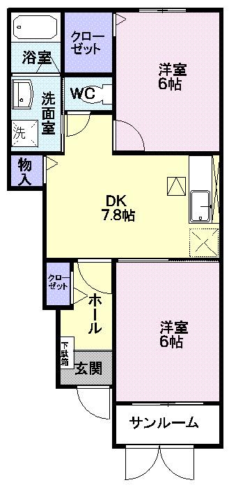 ウィスティリアパディ弐番館(2DK/1階)の間取り写真