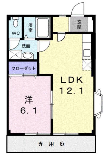 LARGEGATE輝・B(1LDK/1階)の間取り写真