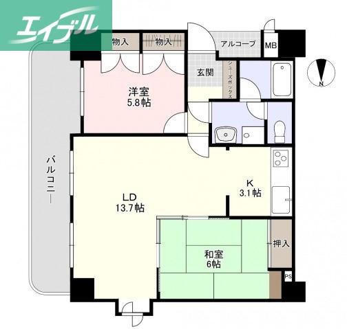 ダイアパレス東島田(2LDK/5階)の間取り写真