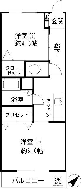 横浜スカイマンション(2K/4階)の間取り写真