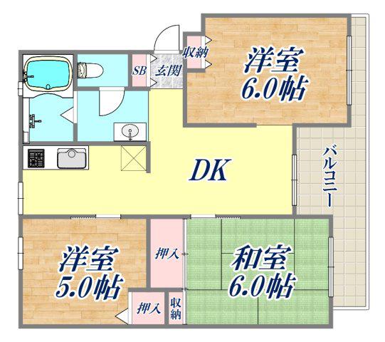 岩園サニーハイツA棟(2DK/4階)の間取り写真