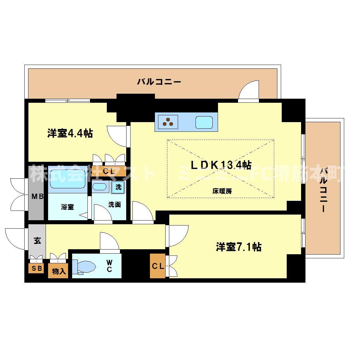エルヴェ東天満(2LDK/15階)の間取り写真