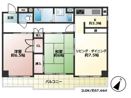ヒルズ西元町(2LDK/5階)の間取り写真