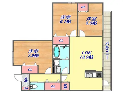 リアライズ箕岡(3LDK/1階)の間取り写真