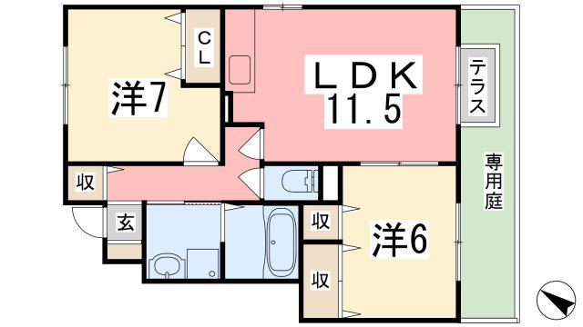 グランドゥール御津 B棟(2LDK/1階)の間取り写真