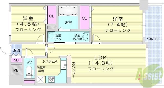 パシフィック五橋(2LDK/4階)の間取り写真
