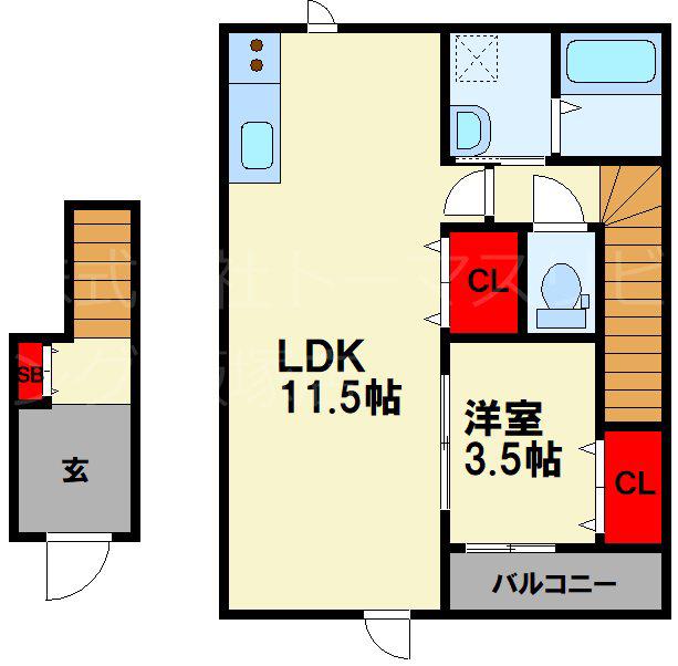 イーヴス上三緒 B棟(1LDK/2階)の間取り写真