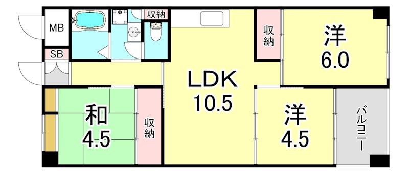 夢野ハイタウン3号棟(3LDK/8階)の間取り写真