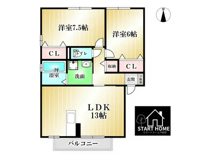 シャトーショコラE棟(2LDK/2階)の間取り写真