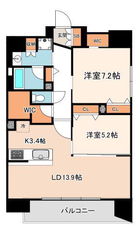 レジュールアッシュ谷町四丁目グランクラス(2LDK/13階)の間取り写真