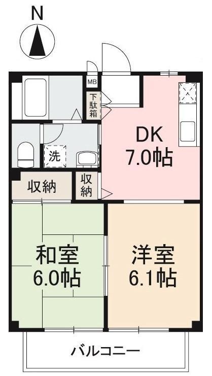 フォブール三谷(2DK/2階)の間取り写真