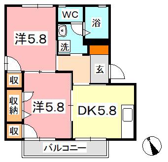 ボーネンB棟(2DK/1階)の間取り写真