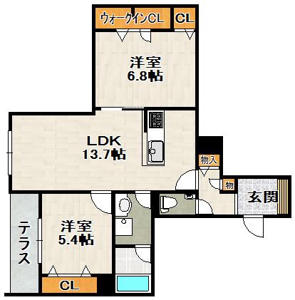 ESPOIR 宝塚・川面(2LDK/1階)の間取り写真