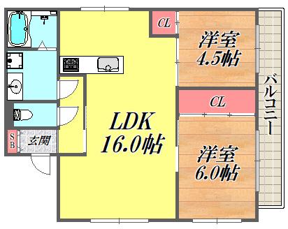 サニーフィールド武庫之荘(2LDK/1階)の間取り写真