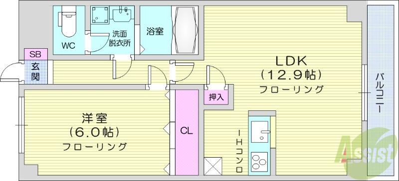 パルテノン新田(1LDK/5階)の間取り写真