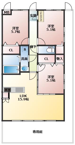グレースヴィラ西国分(3LDK/1階)の間取り写真