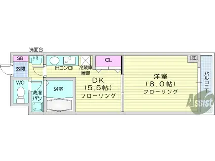 ベルシティ榴ヶ岡(1DK/9階)の間取り写真